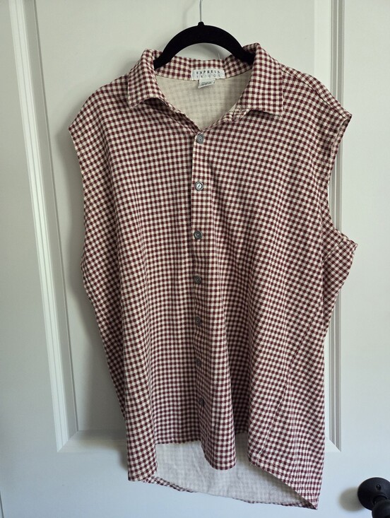 Express Tricot Tops - Vintage Burgundy Gingham Sleeveless Shirt